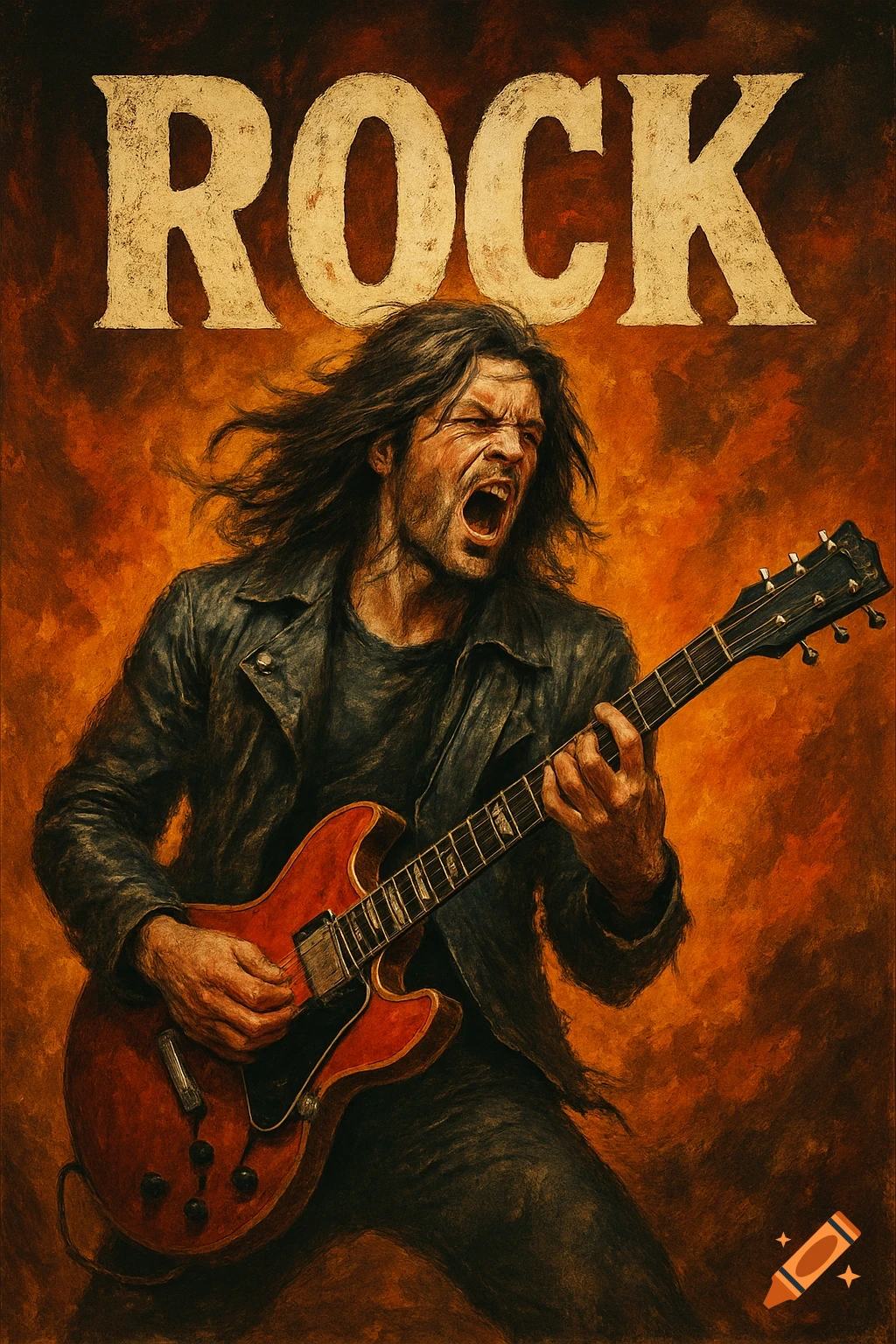 A man with long hair playing an electric guitar and yelling, against a fiery orange, textured background with the word 'ROCK' at the top.
