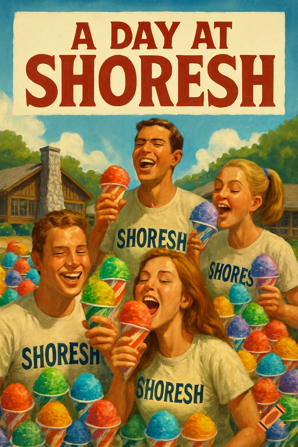 Vintage movie poster illustration of happy young people eating colorful snow cones at a summer camp, with text 'A DAY AT SHORESH'.