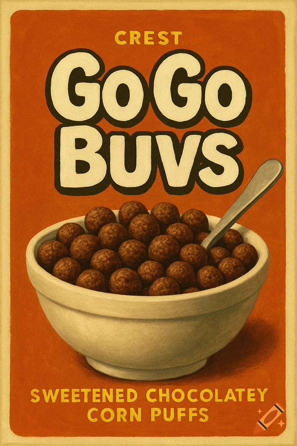 Retro style illustration of a cereal box for 'GoGo BUVS' chocolate corn puffs, with a bowl of cereal and spoon.