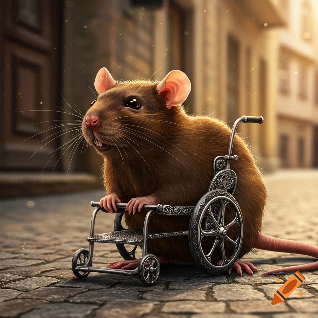 A cute brown rat in a detailed miniature metal wheelchair on a cobblestone street, looking up with big eyes, in a photorealistic style.