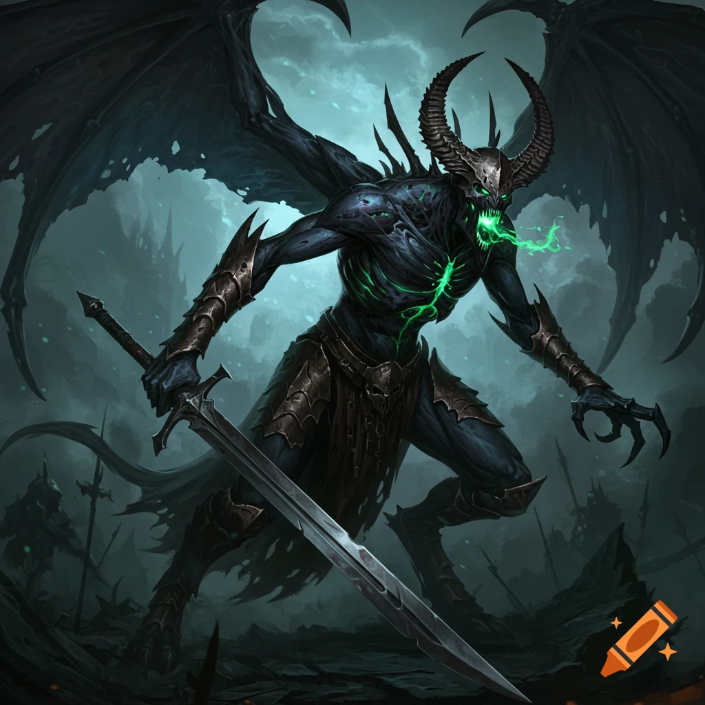 A dark, horned demon with large wings, glowing green mouth and chest, holding a long sword in a stormy, gothic landscape.