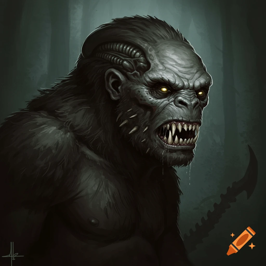 A dark, monstrous ape-like creature with glowing yellow eyes and sharp ...