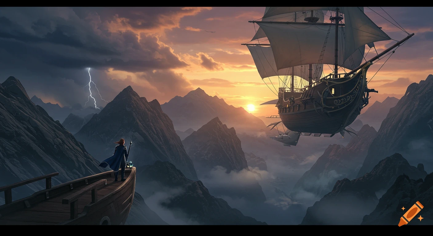 A cloaked figure stands on the bow of a boat, gazing at an airship above misty mountains with lightning during sunset.