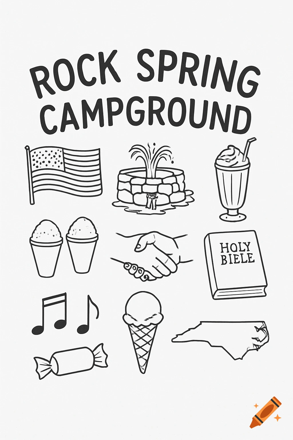 Black and white line art illustrations of camping-themed items including a US flag, fountain, milkshake, snow cones, handshake, bible, music notes, ice cream, North Carolina outline, and candy with the title 'ROCK SPRING CAMPGROUND'.