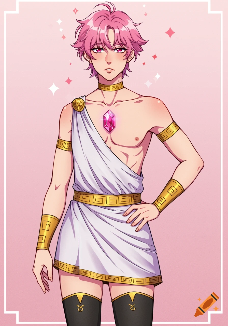 An anime boy with pink hair and eyes wears ancient Greek attire with gold trim and a large pink gem on his chest, set against a pink background.