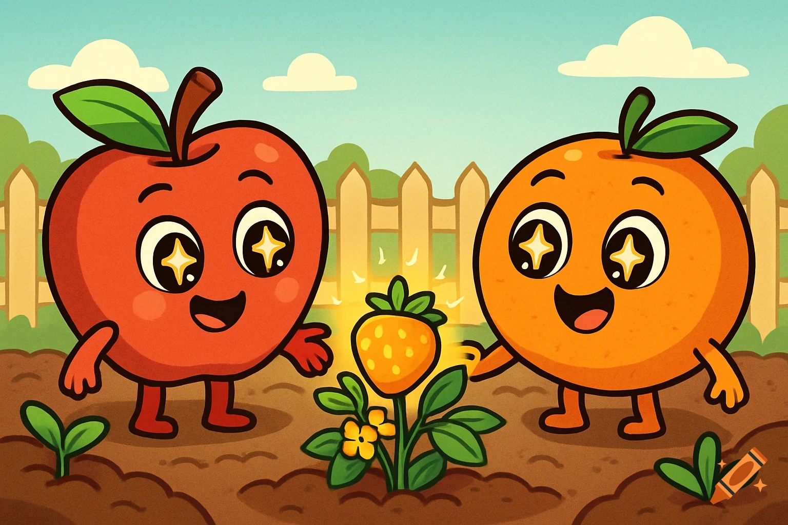 Cartoon apple and orange with sparkling eyes admire a glowing strawberry plant in a sunny garden with a wooden fence.