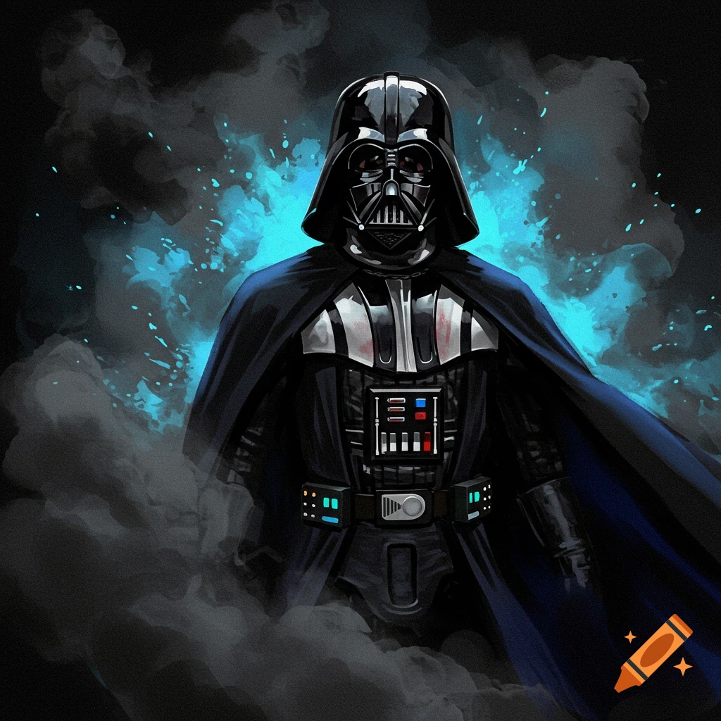 Darth Vader standing with a black cape, illuminated by a blue glow and surrounded by dark smoke.