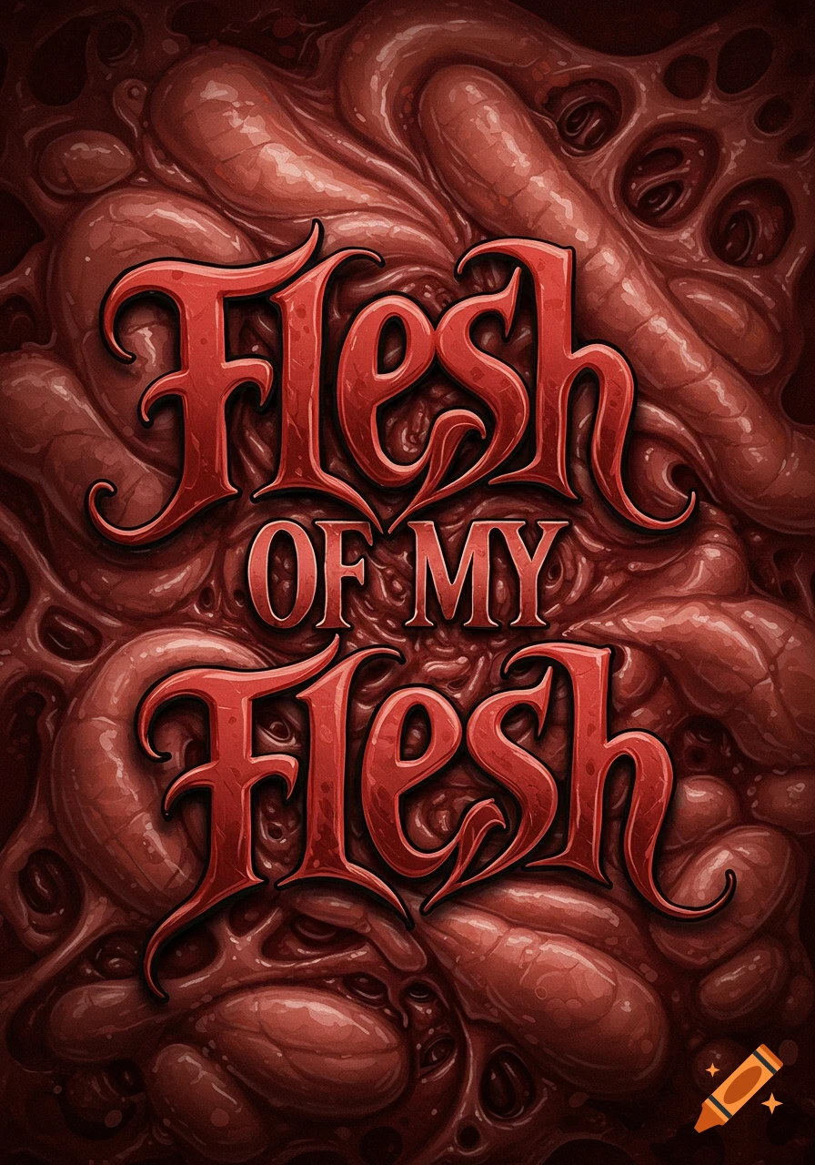 Ornate red text 'Flesh of my Flesh' on a dark, detailed, grotesque organic flesh background.