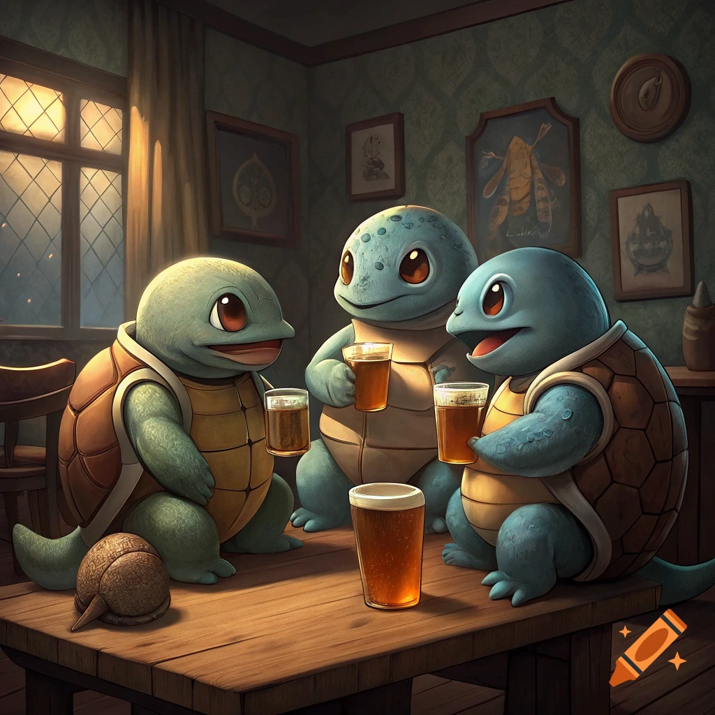 Three Squirtle characters gather around a wooden table in a dimly lit tavern, each with a glass of beer.