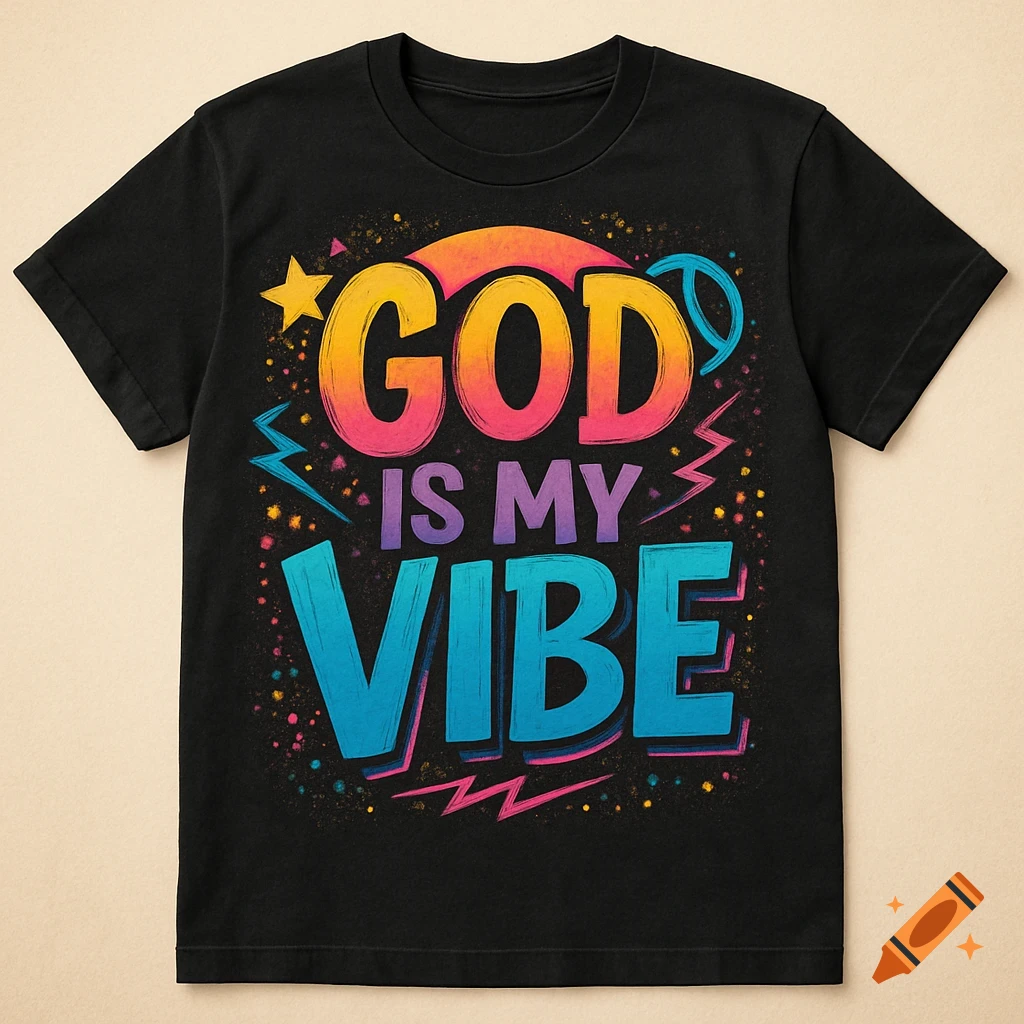 A black t-shirt with colorful, retro-style text reading "GOD IS MY VIBE" surrounded by star and lightning bolt graphics.