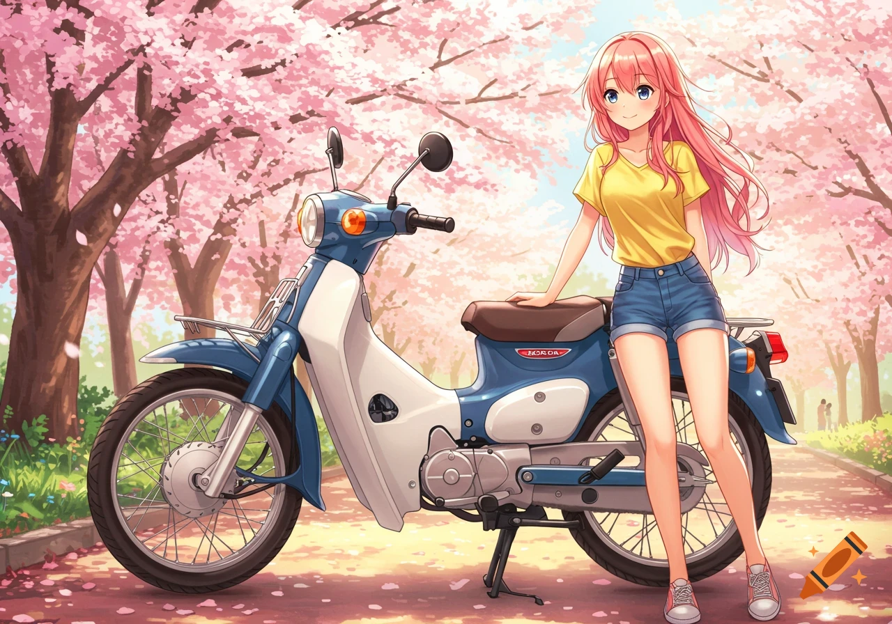 An anime girl with pink hair stands next to a blue and white Honda Super Cub motorcycle under blooming cherry blossom trees.