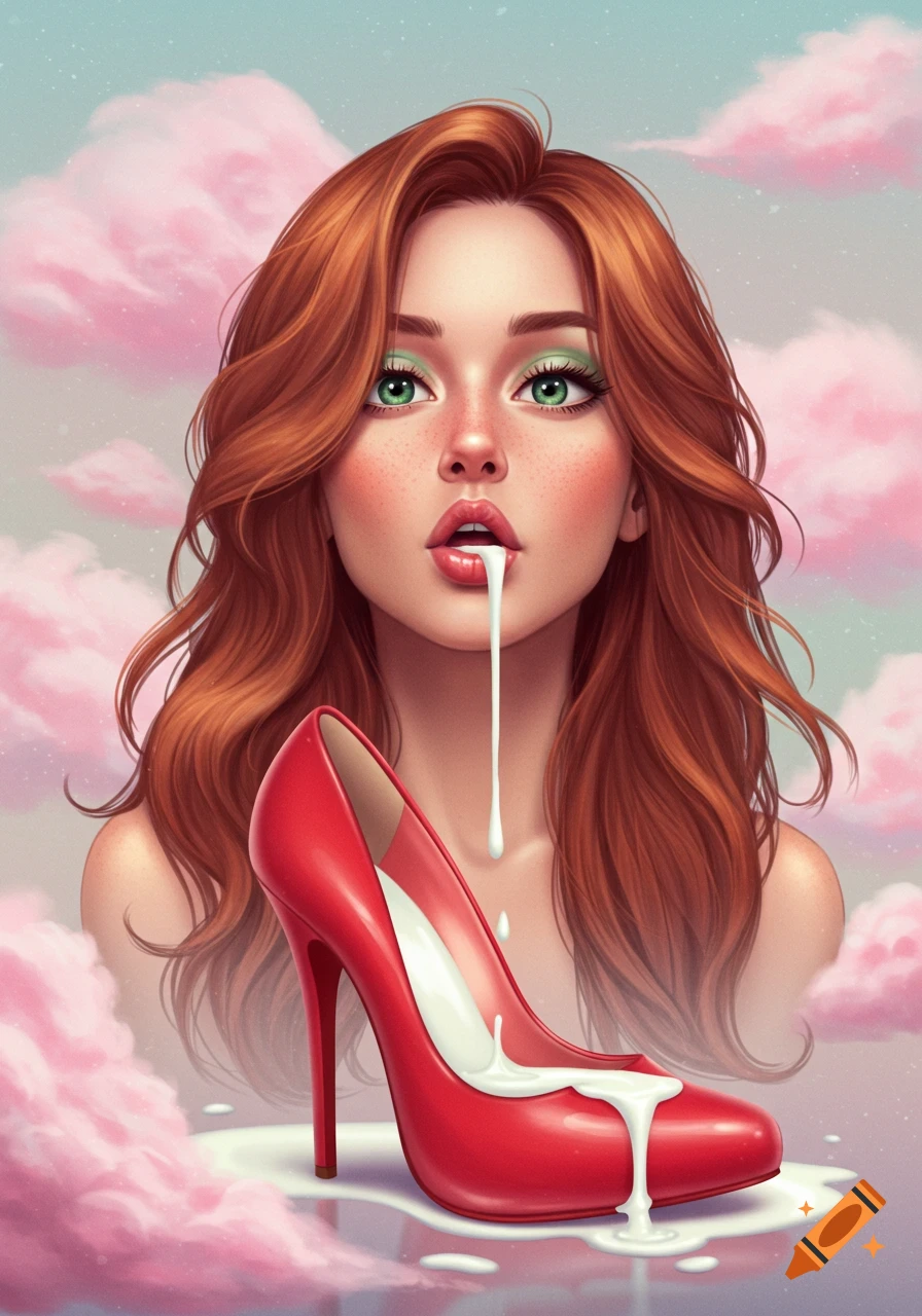 Illustration of a woman with red hair and green eyes, with white liquid dripping from her mouth and filling a red high heel shoe, set against pink clouds.