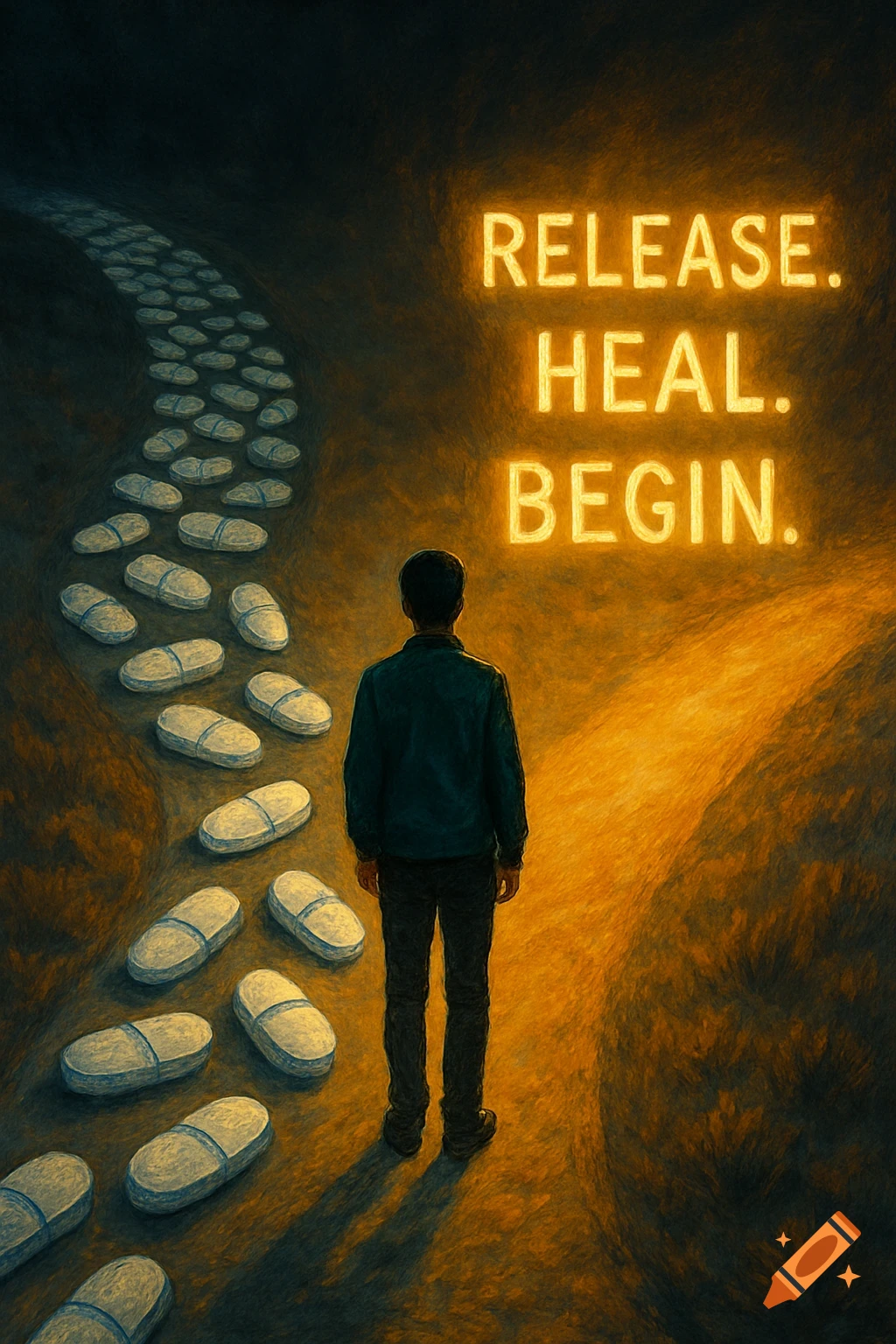 A person stands at a crossroads, one path paved with pills, the other leading to glowing words 'Release. Heal. Begin.' in a painterly style.