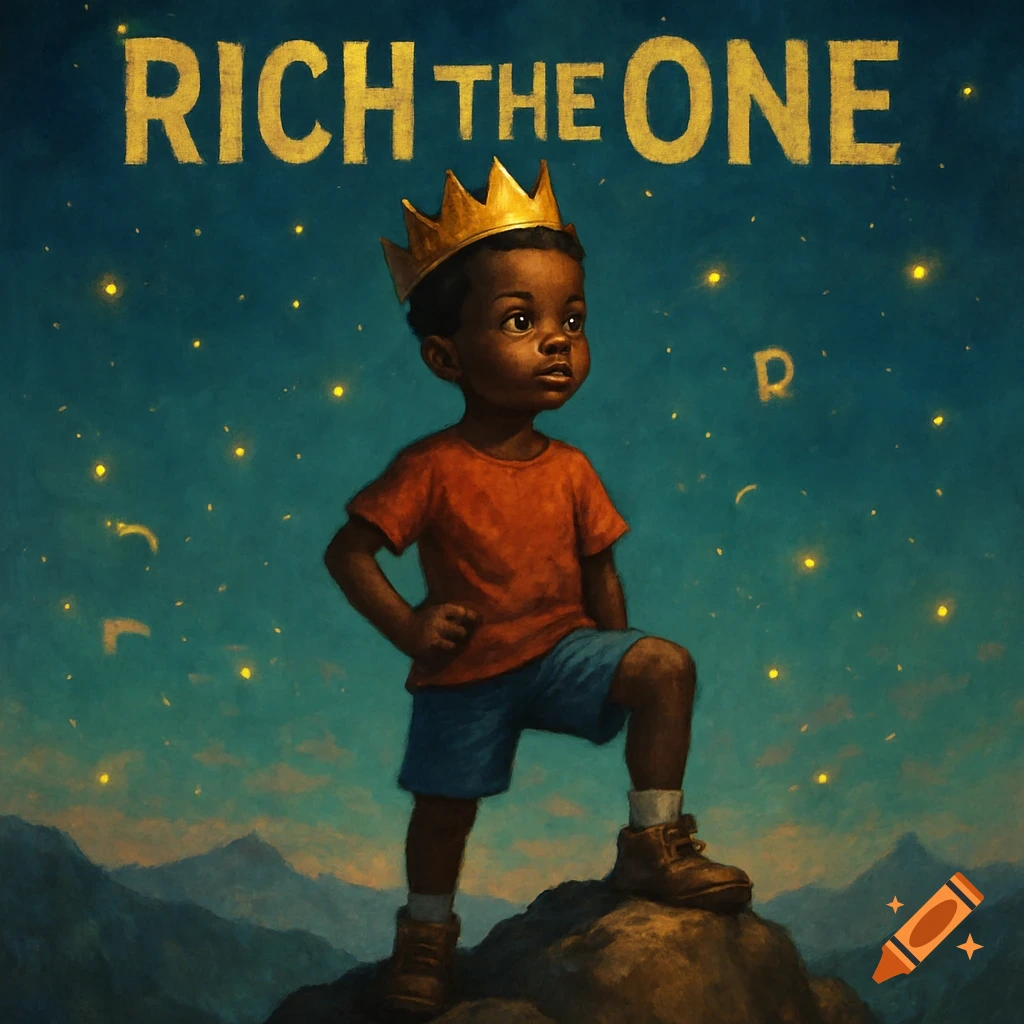 A young Black boy wearing a golden crown stands atop a mountain at night, looking up at a starry sky with fireflies. Golden text "RICH THE ONE" is above him.