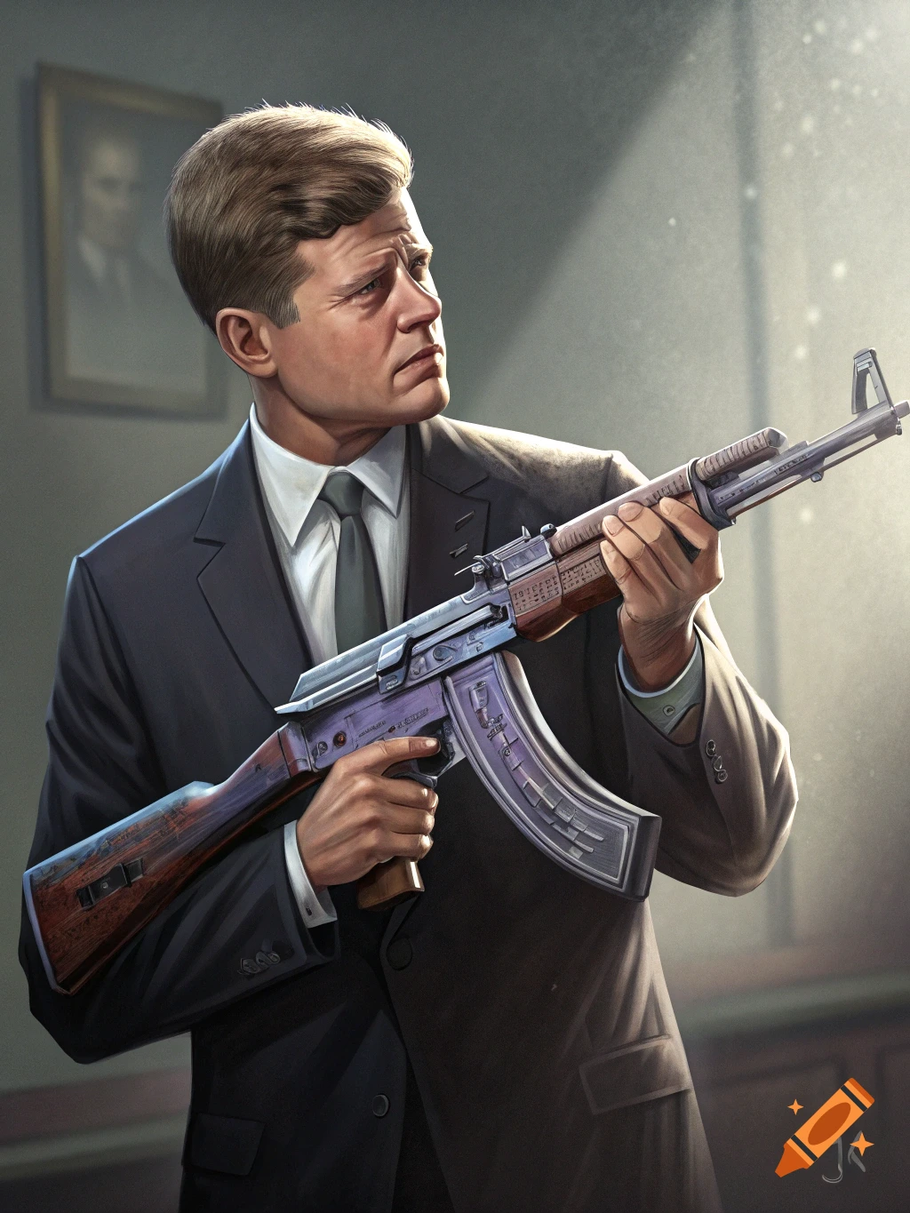 A stylized portrait of a man resembling JFK in a suit holding an AK-style rifle, looking to the right. The image has a painterly quality.
