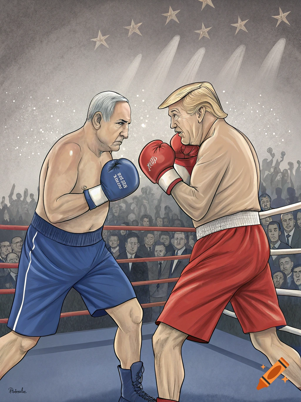 Cartoon illustration of Benjamin Netanyahu and Donald Trump boxing in a ring, surrounded by spectators.