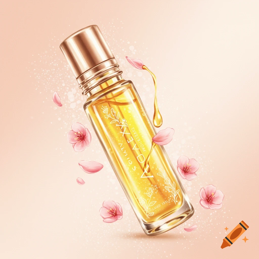 A golden roll-on perfume bottle, tilted, with pink cherry blossom petals and liquid splashes on a light peach background.