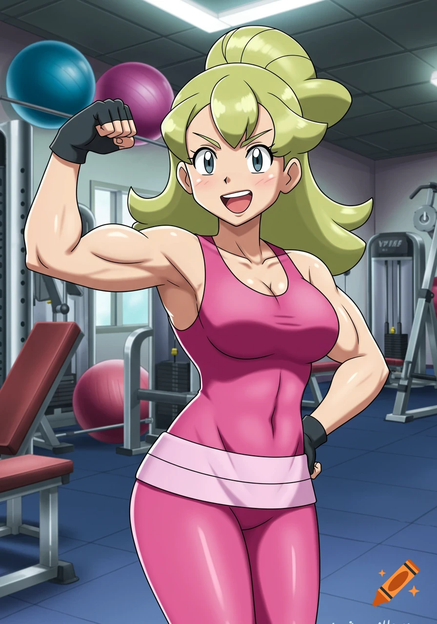 Anime woman with light green hair and a pink gym outfit flexes her arm and smiles in a gym.