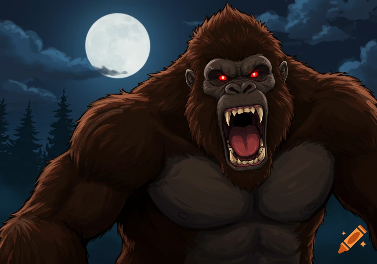 A menacing, large brown ape-like creature with glowing red eyes and bared fangs roars under a full moon at night.
