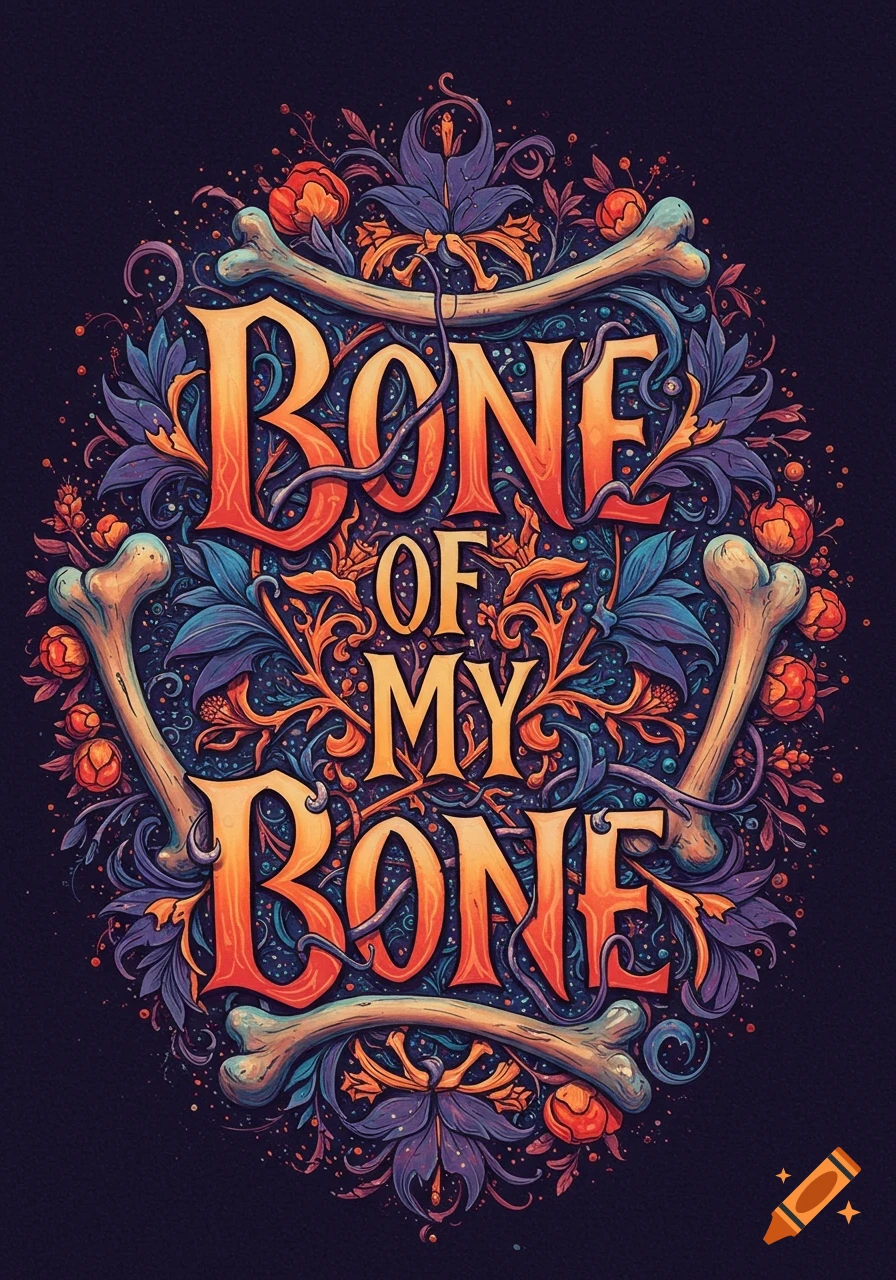 Ornate illustration with orange-red text "BONE OF MY BONE" framed by bones and purple, blue, and orange foliage.