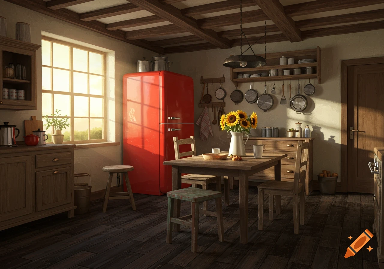 A rustic kitchen with a red refrigerator, wooden furniture, and a vase of sunflowers on a table. Sunlight streams through a large window.