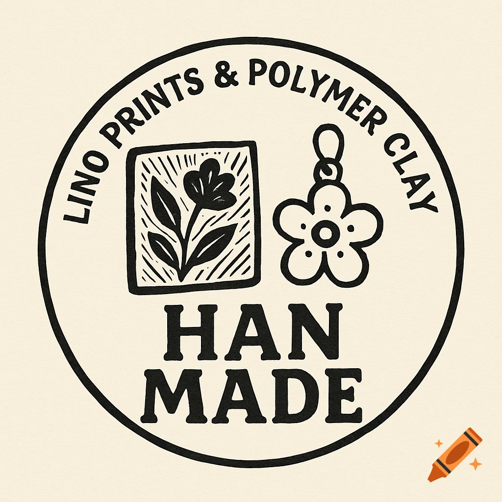 A black and white circular logo for 'Han Made' featuring a linocut flower and a polymer clay charm, with text 'LINO PRINTS & POLYMER CLAY'.