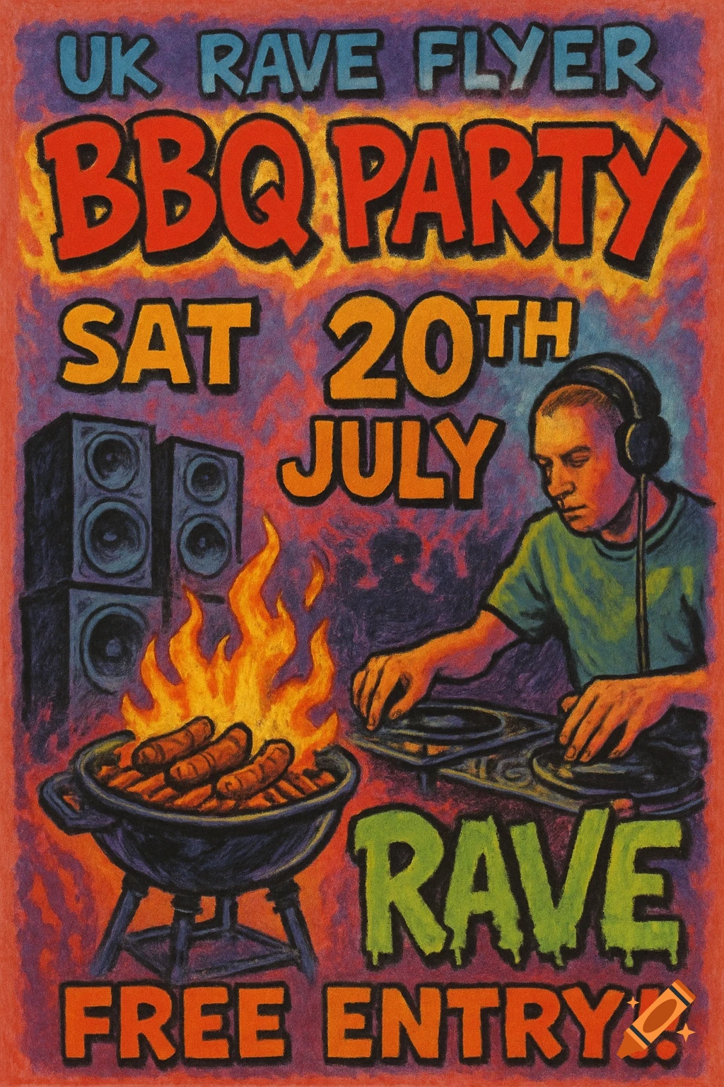 Colorful flyer for a UK rave BBQ party featuring a DJ, a grill with sausages, and large speakers, in a vibrant crayon style.
