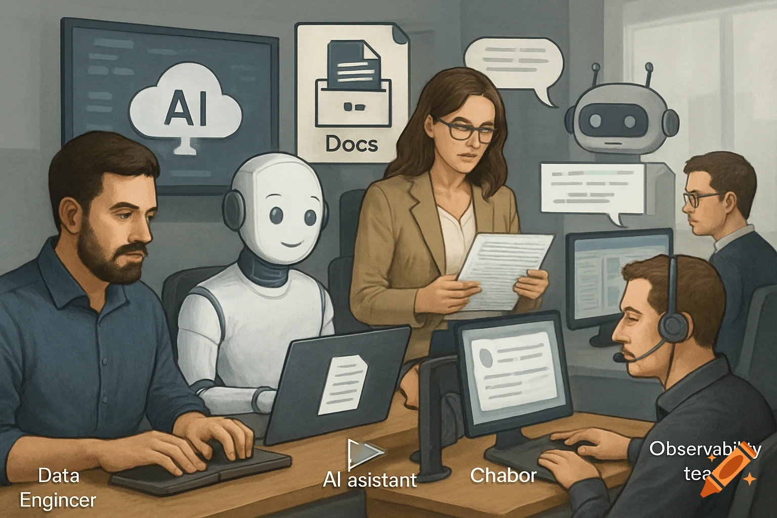 Illustration of an AI-augmented data engineering team working in an office with a data engineer, AI assistant, business analyst, chatbot, and observability team.