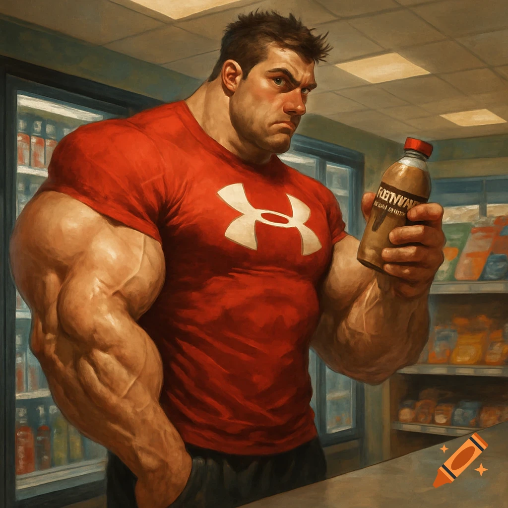 A very muscular man with large biceps and triceps wears a red Under Armour shirt and holds a protein shake bottle in a convenience store setting.