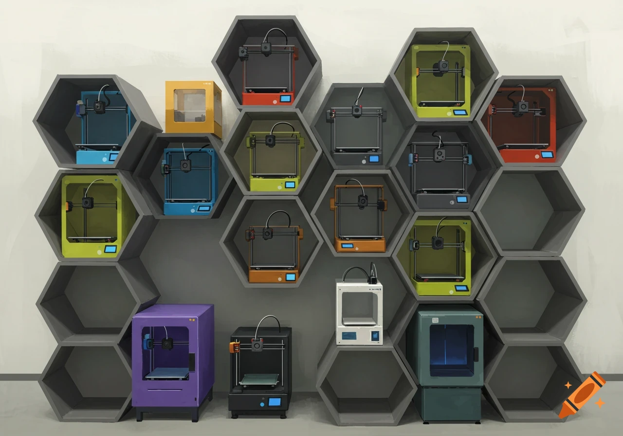A wall of hexagonal shelves displaying numerous colorful 3D printers in a stylized illustration.