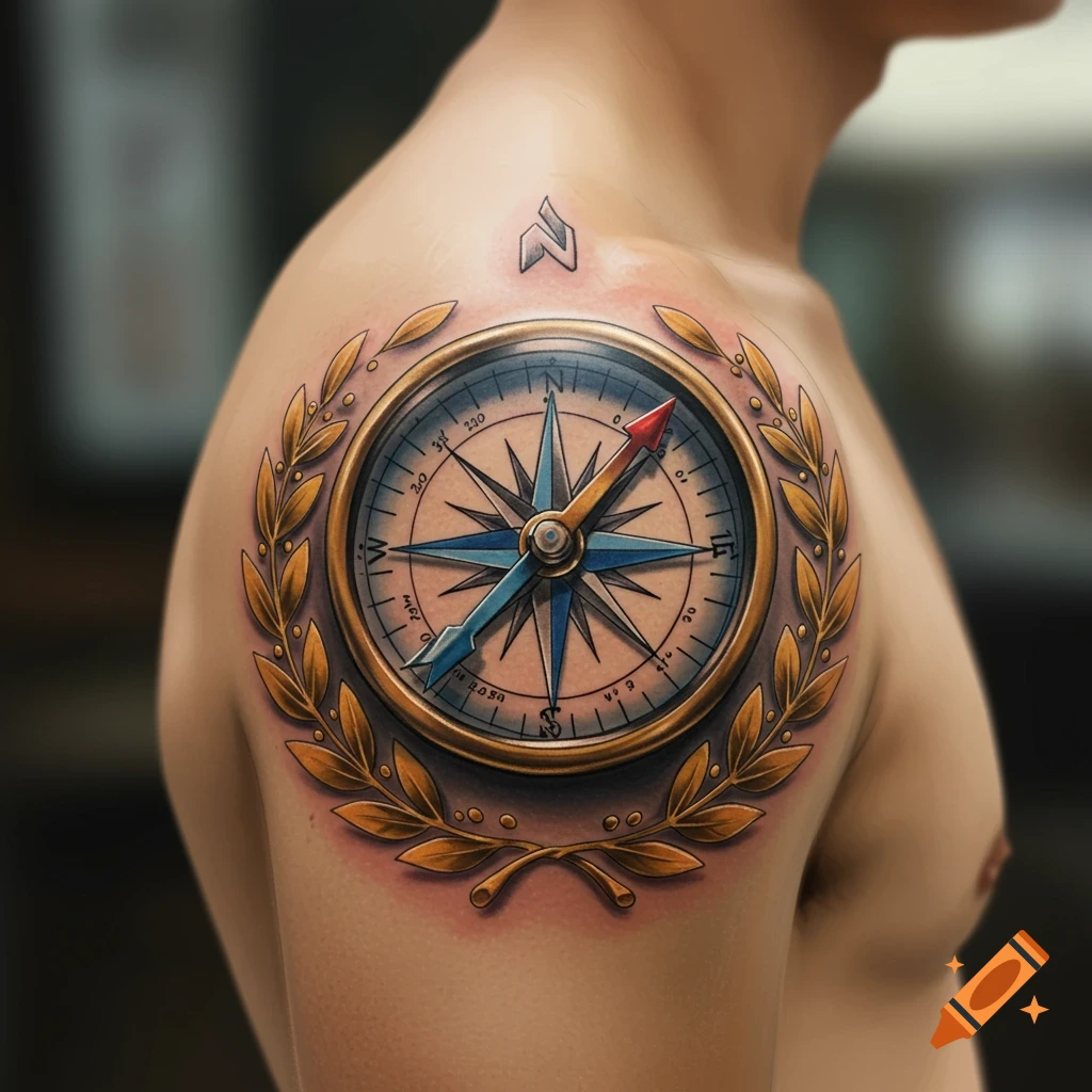 Photorealistic shoulder tattoo of a golden compass with a laurel wreath and a red arrow pointing north.