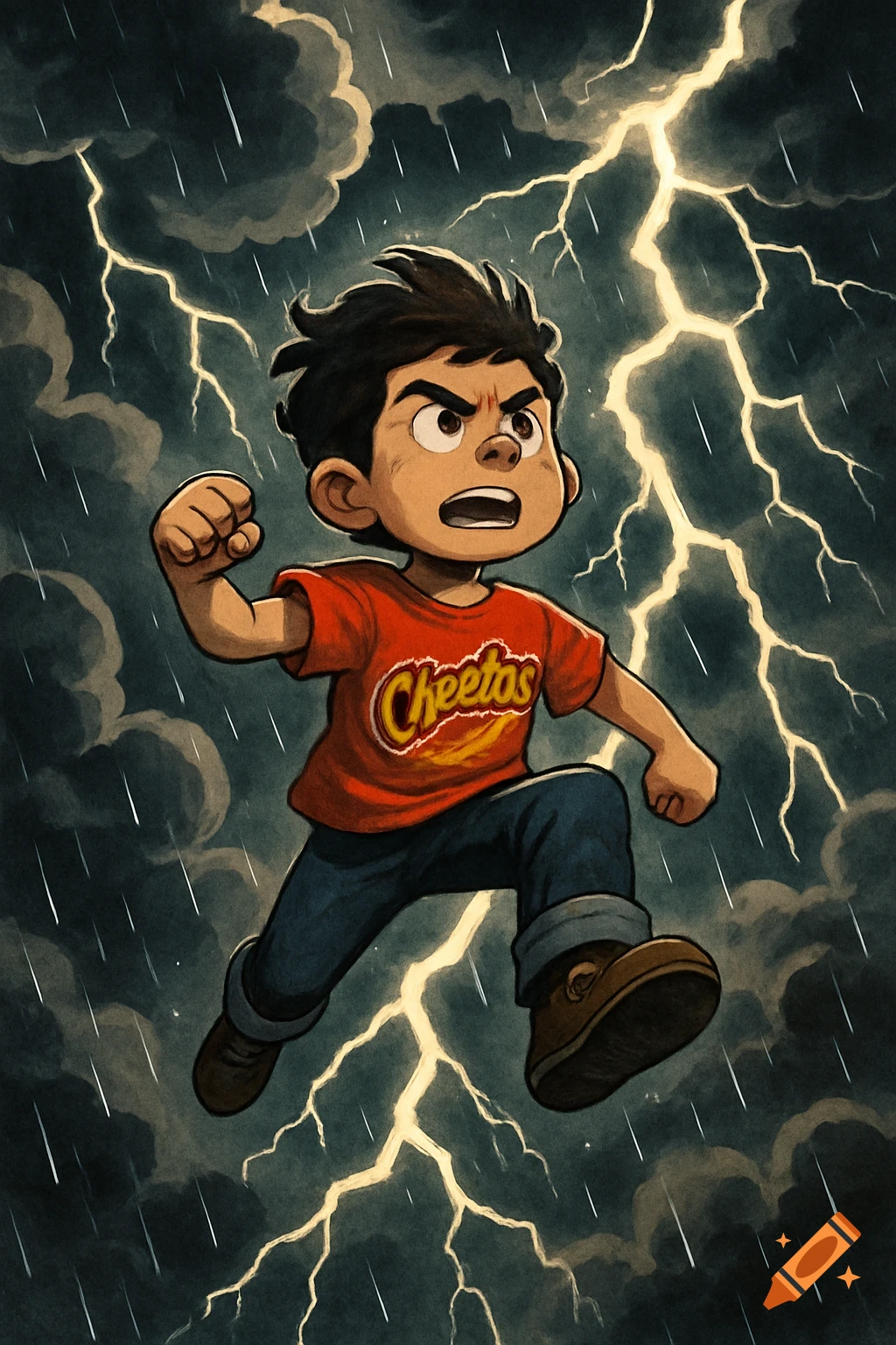Cartoon boy in a Cheetos shirt leaps through a stormy sky with lightning and rain, looking determined.