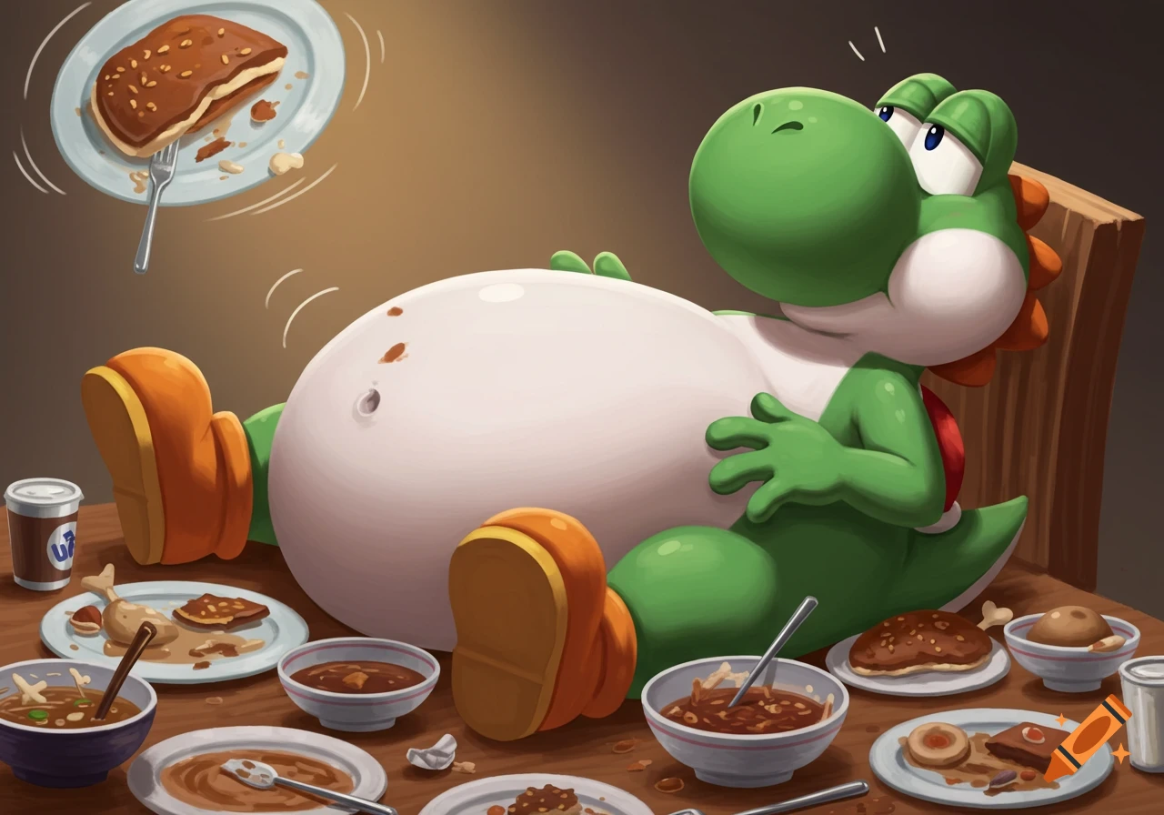 Yoshi lies on a table, bloated from eating, surrounded by plates of food, looking dazed in a digital art style.