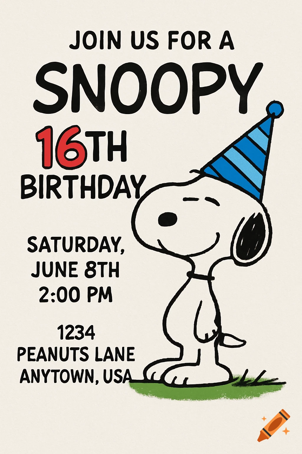 A Snoopy themed 16th birthday invitation card featuring Snoopy wearing a party hat.