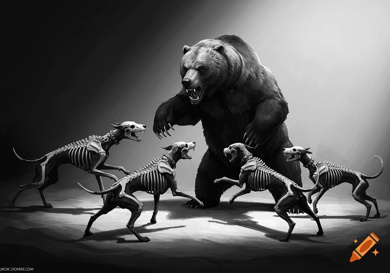 A monochromatic digital painting of a fierce grizzly bear confronting four aggressive skeletal dogs.