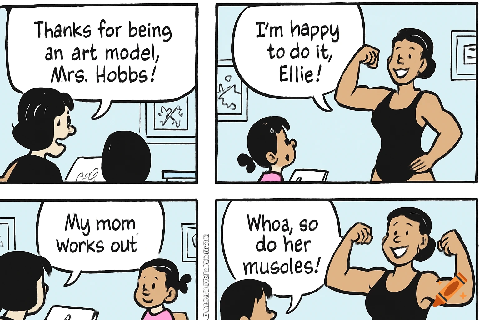 A four-panel cartoon comic strip showing a student thanking her art model, Mrs. Hobbs, who flexes her muscles in a black swimsuit while the student exclaims about her mom's muscles.