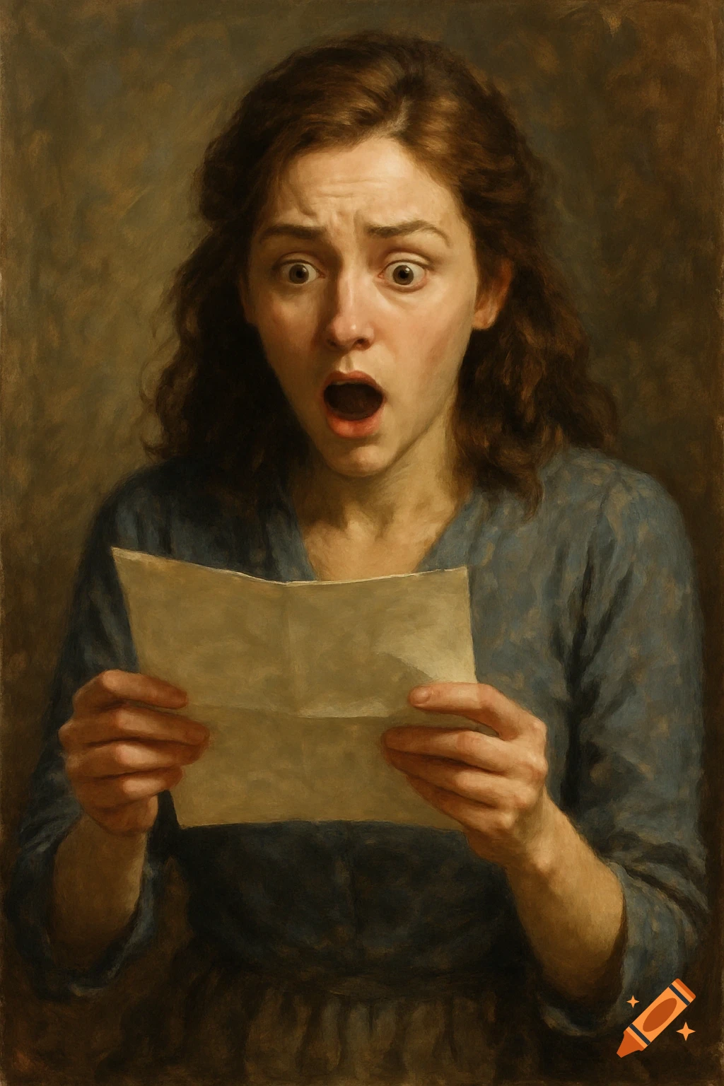 A painted portrait of a shocked woman with wide eyes and open mouth, holding a crumpled letter.