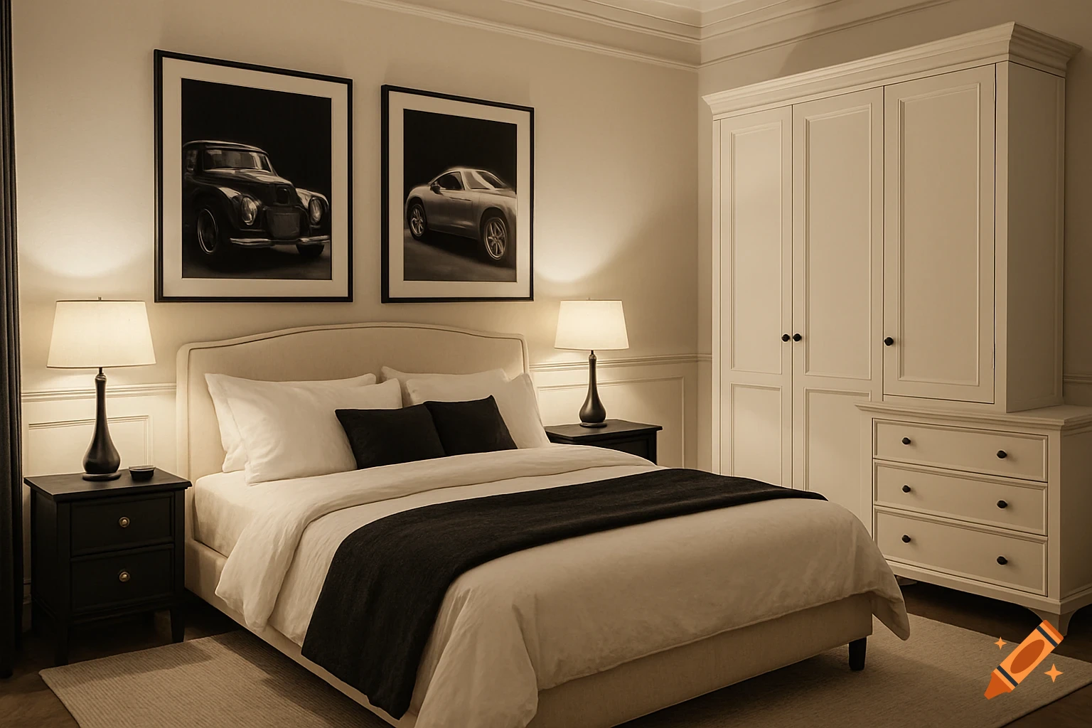 An elegant bedroom with a black, white, and crème theme, featuring a double bed, nightstands, a wardrobe, and framed car posters.