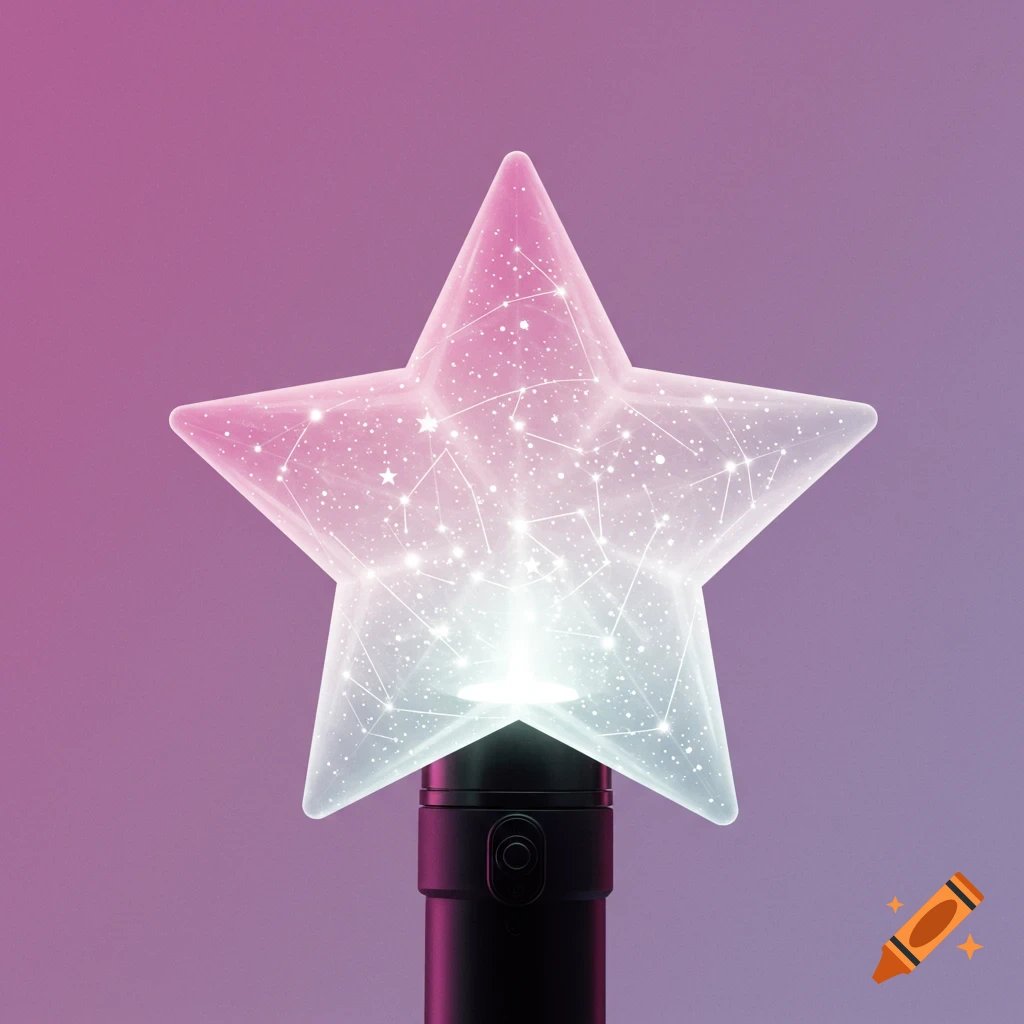 A glowing star-shaped light stick with an internal constellation pattern, transitioning from pink to white, on a purple gradient background.