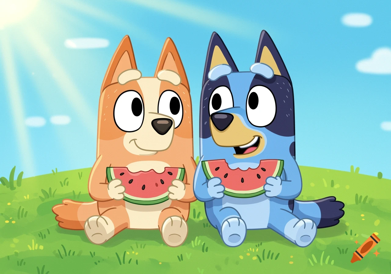 Bingo and Bluey, the two cartoon dogs, sit on a sunny grassy hill eating slices of watermelon.
