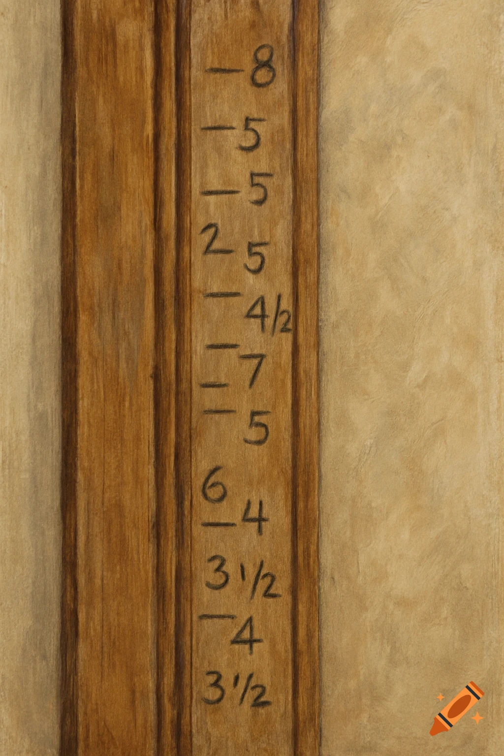 Close-up of a wooden door frame with various handwritten numbers and lines, resembling height or age markings.