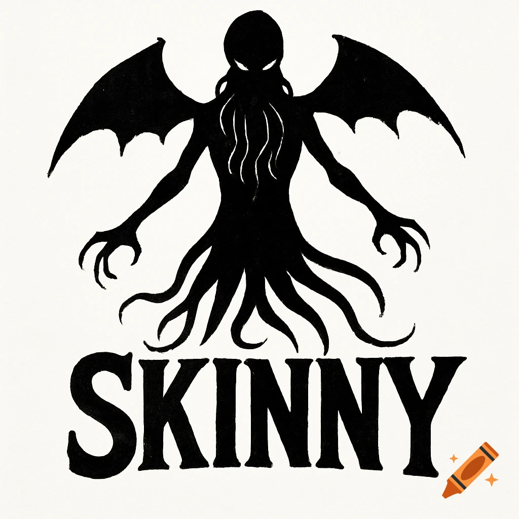 Black silhouette of Cthulhu monster with wings and tentacles, with the word SKINNY below it on a white background.