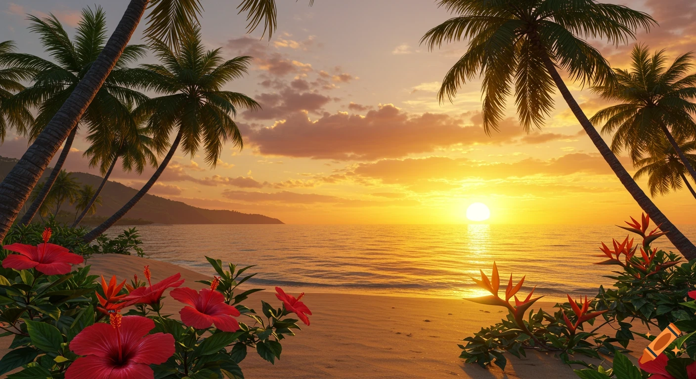Photorealistic tropical beach sunset with silhouetted palm trees and red hibiscus flowers.