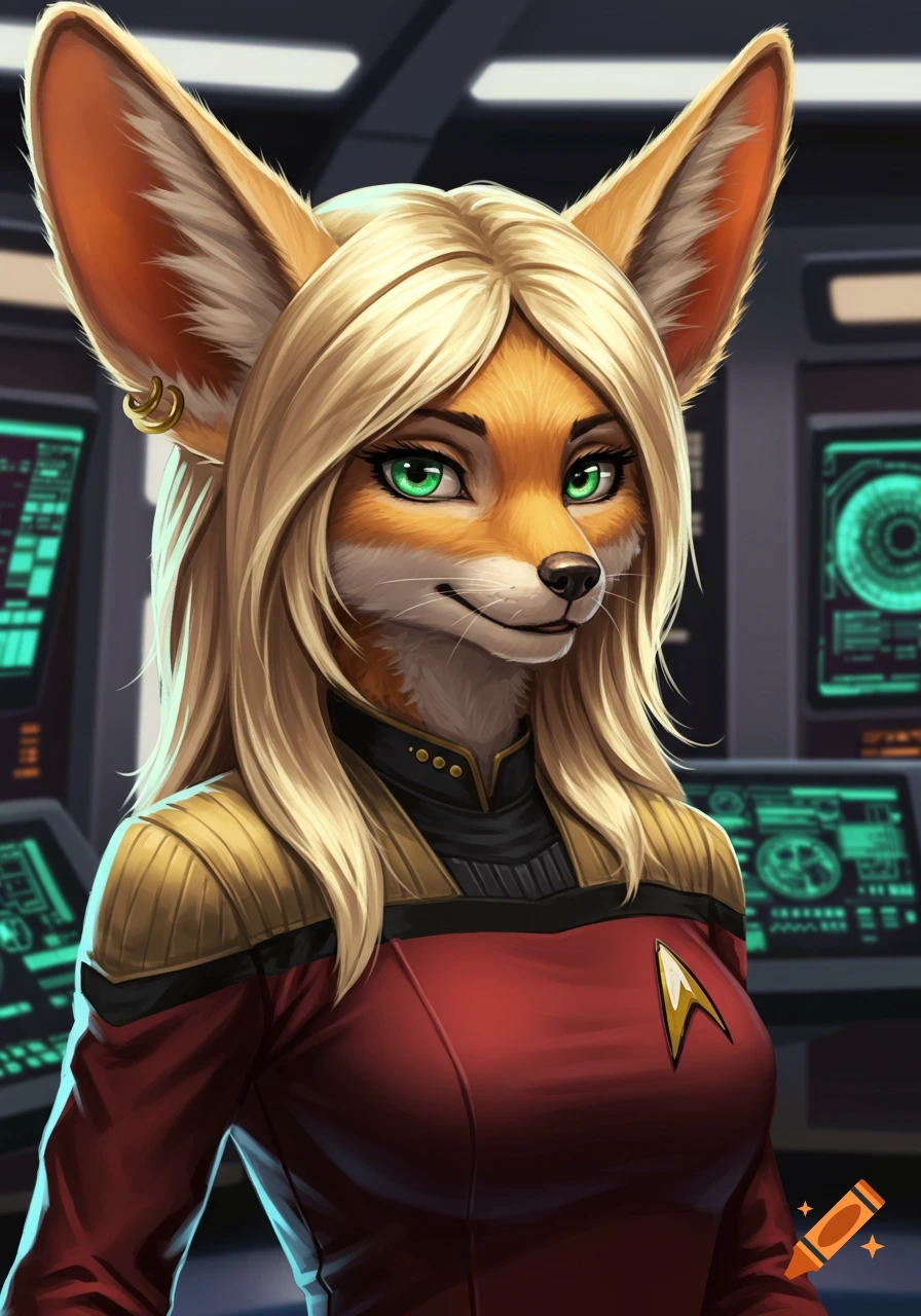 A blonde anthropomorphic fennec fox with green eyes, wearing a red Star Trek engineering uniform, stands on a spaceship bridge.