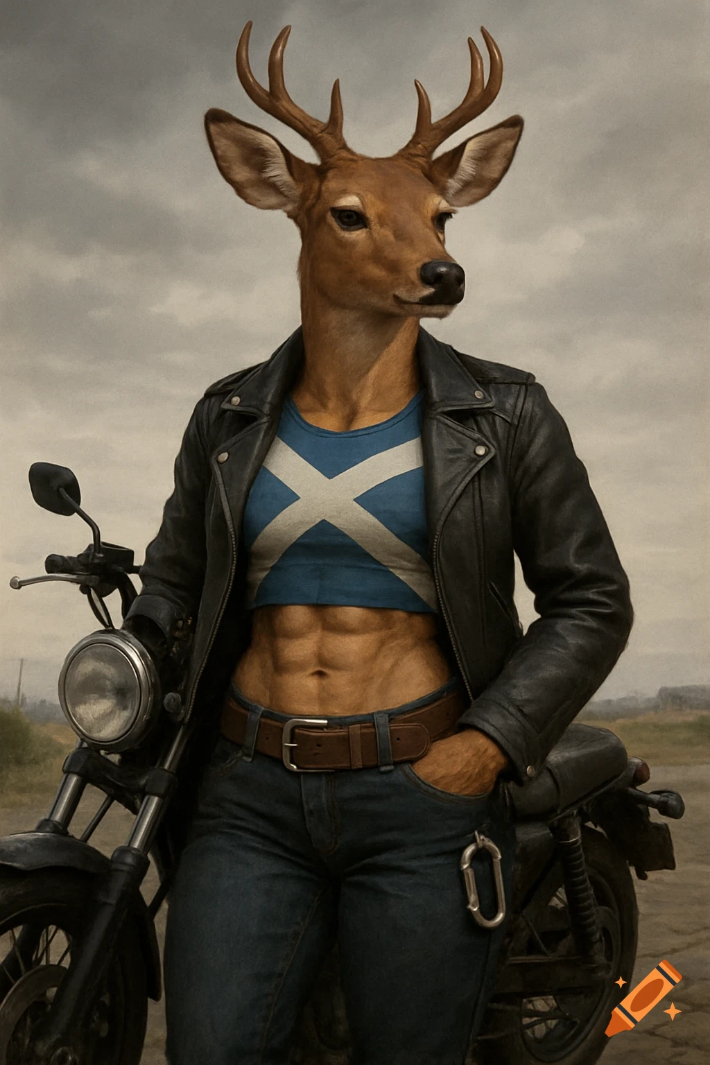 Photorealistic anthropomorphic deer in a leather jacket and Scottish Saltire crop top, leaning on a motorcycle on an overcast day.