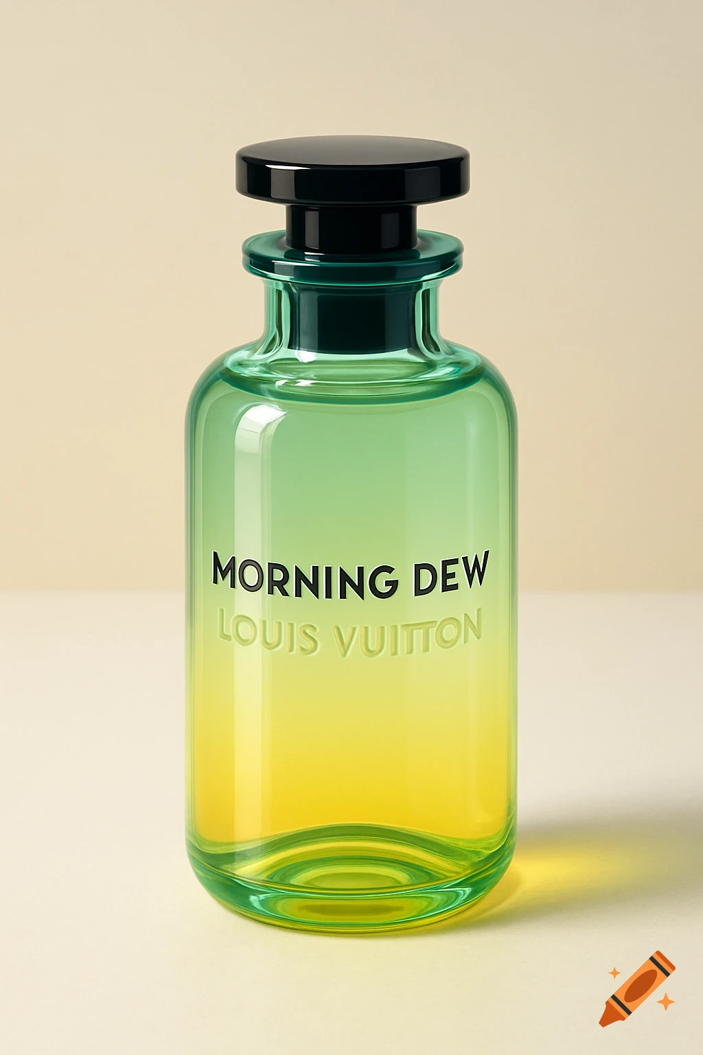 A clear green and yellow gradient glass fragrance bottle with a black cap, labeled 'MORNING DEW LOUIS VUITTON'.