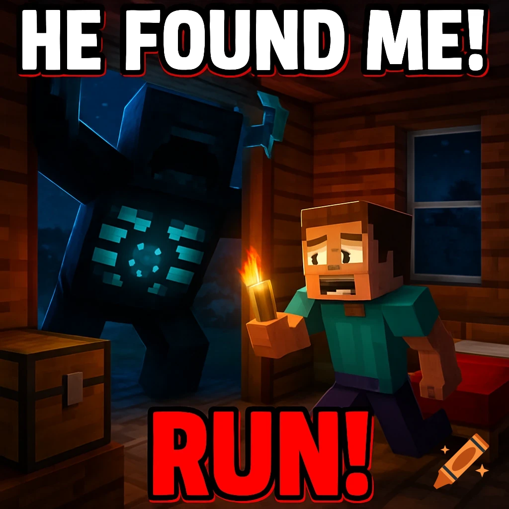 A terrified Minecraft player with a torch runs from a glowing Warden monster in a blocky house. Text: 'HE FOUND ME! RUN!'