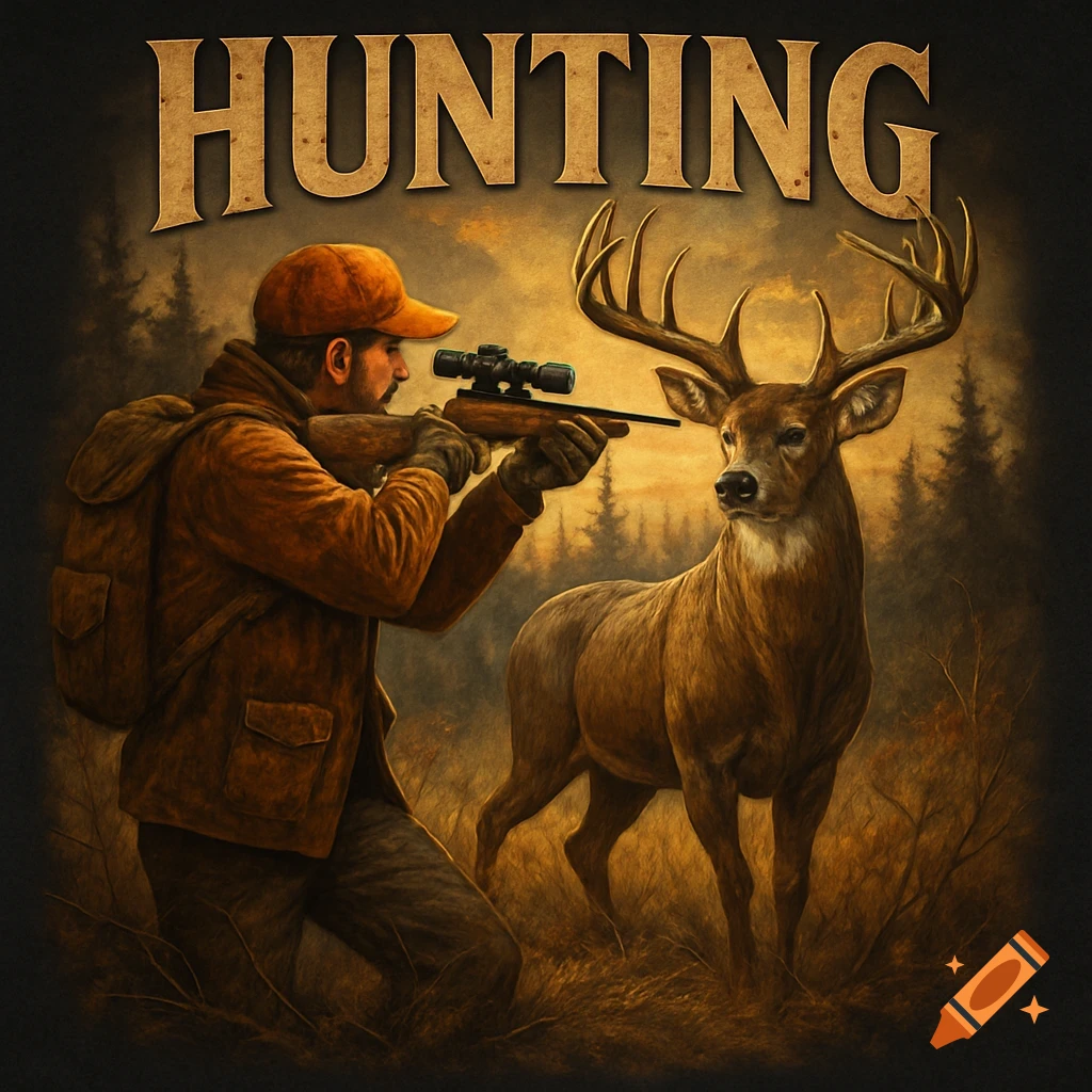 Stylized image of a hunter aiming at a deer in a forest, with the word 'HUNTING' above.