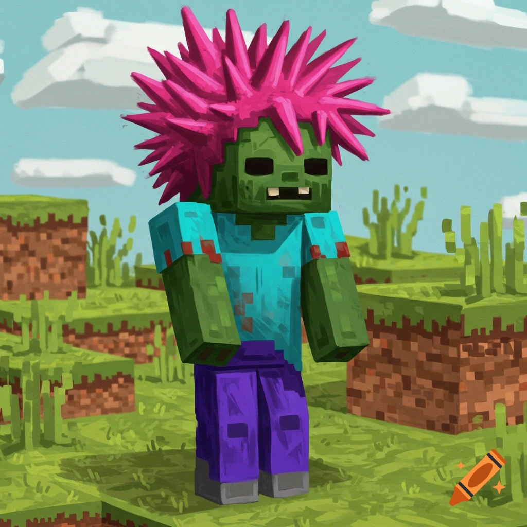 A Minecraft zombie with bright pink spiky hair stands in a blocky green landscape under a blue sky.
