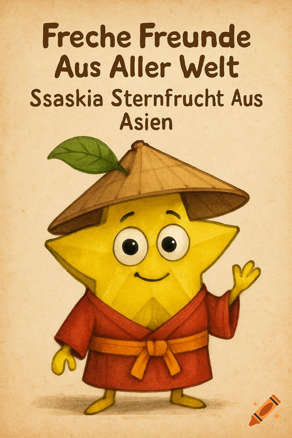 A cute cartoon yellow star character wearing a red robe and a conical Asian hat, with text above.
